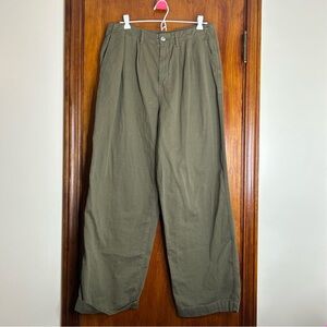 Free People Olive Green Pants Wide Leg Cotton Twill Size 6 Baggy Oversized Pleat